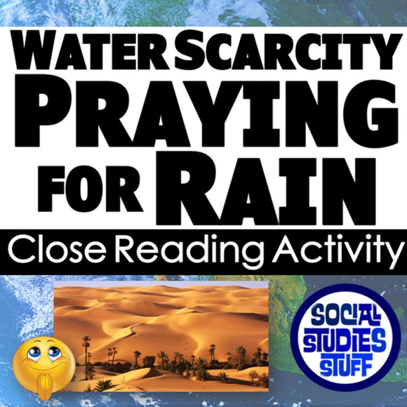 Close reading activity cover with desert scene and text about water scarcity and praying for rain.