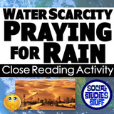 Close reading activity cover with desert scene and text about water scarcity and praying for rain.