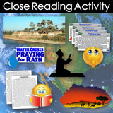 Close Reading Activity on water crisis and praying for rain with images and text.
