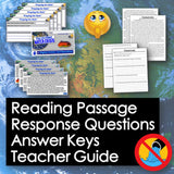 Educational materials including reading passages, response questions, and a teacher guide on a world map background.