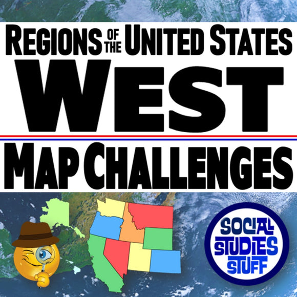 Title card for 'Regions of the United States West Map Challenges' with a map and logo.