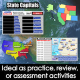 Map of the United States with state capitals labeled, educational materials on screen, and text about practice activities.