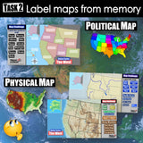 Comparison of political and physical maps of the United States with labels and a cartoon character.