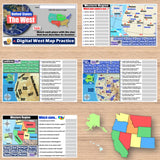 Educational materials on a wooden surface including maps and worksheets about the Western region of the United States.
