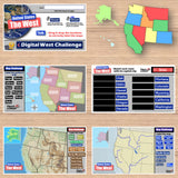Educational materials on a wooden surface including maps and labels for the United States West region.
