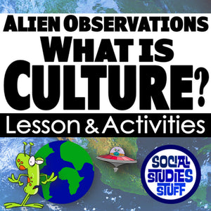 Educational material on culture with alien-themed graphics and text.