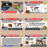 Educational materials on culture and geography with text and graphics on a wooden surface.
