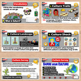 Educational posters on culture and vocabulary on a wooden surface