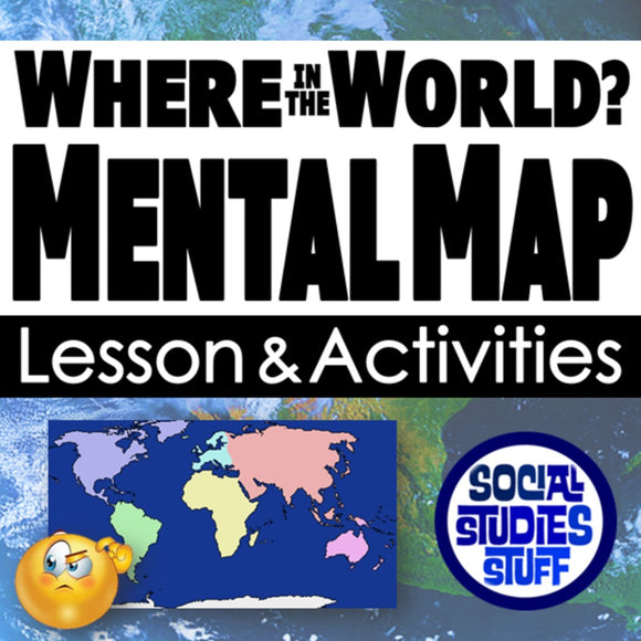 Promotional graphic for 'Where in the World? Mental Map' lesson and activities with a world map and 'Social Studies Stuff' logo.