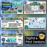 Educational materials on continents and oceans with digital and print versions.