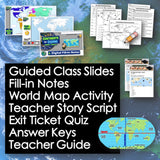 Educational materials including slides, notes, and world map activity on a world map background.