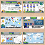 Educational game interface with world map and ocean labels on a wooden surface