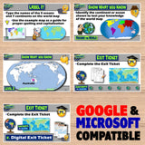 Educational software interface with world map and exit ticket on a wooden background