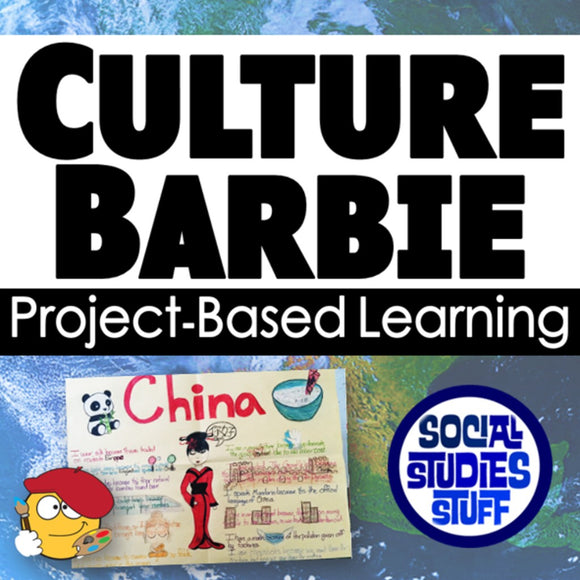 Promotional graphic for 'Culture Barbie' project-based learning with a focus on China, featuring text and a cartoon character.