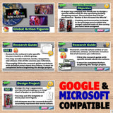 Educational materials for designing a global action figure with research guides and design project on a wooden surface.