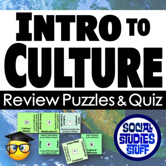Promotional graphic for 'Intro to Culture' review puzzles and quiz with a map background and 'Social Studies Stuff' logo.