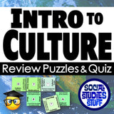 Promotional graphic for 'Intro to Culture' review puzzles and quiz with a map background and 'Social Studies Stuff' logo.