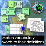 Educational materials on culture and diversity with vocabulary cards and a world map.
