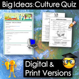 Promotional graphic for 'Big Ideas: Culture Quiz' with digital and print versions on a world map background.