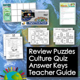 Educational materials including review puzzles, culture quiz, answer keys, and teacher guide on a world map background.