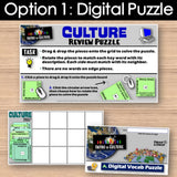 Digital culture review puzzle with pieces and instructions on a wooden surface
