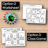 Educational worksheets and a class game on a wooden surface with 'Option 2: Worksheet' and 'Option 3: Class Game' text.