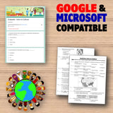 Educational materials with a world map and people around it, on a wooden surface with 'Google & Microsoft Compatible' text.