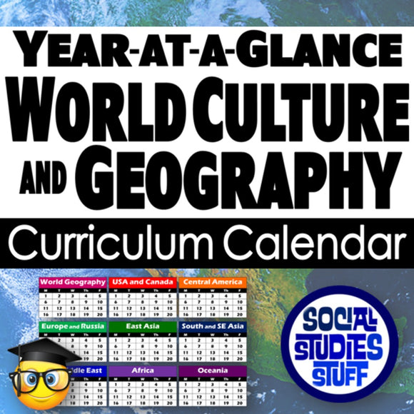 Calendar for world culture and geography curriculum with a map background and 'Social Studies Stuff' logo.