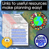 Promotional graphic for social studies resources with a globe and people around it, text about useful links, and a surprised emoji.