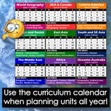Curriculum calendar for World Geography with colorful sections and a magnifying glass emoji.