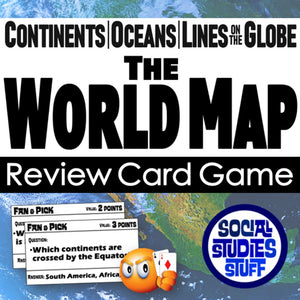 World map review card game with text and graphics on a blue and white background