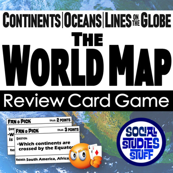 World map review card game with text and graphics on a blue and white background