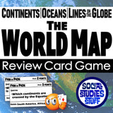 World map review card game with text and graphics on a blue and white background