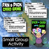 Fan & Pick card game with question cards and a world map background