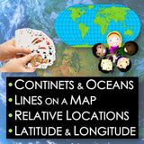 World map with children and playing cards, educational text about geography.