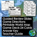 Educational materials including slides, world map, and cards on a blue background with text overlay.