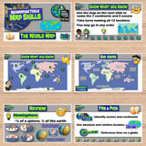 Educational game interface with world map and map skills content on a wooden surface.