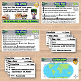 Educational game set with 'Fan & Pick' cards and a world map on a wooden surface.