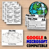 Educational game components including maps and rules on a wooden surface with 'Google & Microsoft Compatible' text.