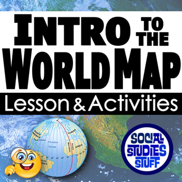 Title card for 'Intro to the World Map' lesson and activities with a globe and cartoon character on a world map background.