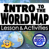 Title card for 'Intro to the World Map' lesson and activities with a globe and cartoon character on a world map background.