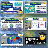 Educational posters about continents, oceans, and the world map on a world map background.
