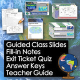 Educational materials including slides, notes, and a globe on a world map background.