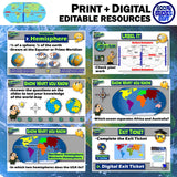 World Map Skills Lesson - Continents, Oceans & Lines on a Globe Activities
