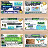 Educational posters on a world map theme with various educational content.