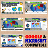 Educational software interface with world map and hemisphere questions on a wooden background.