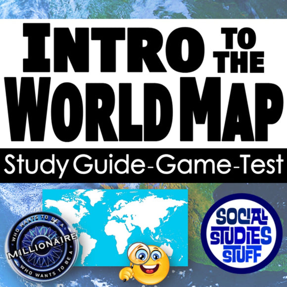 Promotional graphic for 'Intro to the World Map' study guide, game, and test with world map image and branding elements.