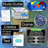 Educational materials including a world map, study guide, and game on a blue background.
