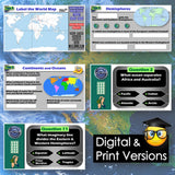 Educational materials on world geography with maps and questions displayed on a digital interface.