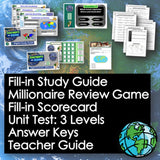 Educational materials including study guides, a review game, and test items on a world map background.